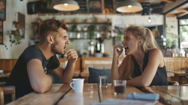 Illustration of a young couple engaged in an argument in a cafe, depicting relationship problems. - Powered by Adobe