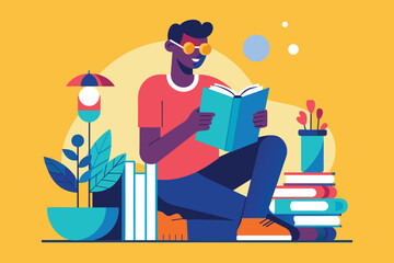 A man sitting on a stack of books, engrossed in reading a book, man is reading a book, Simple and minimalist flat Vector Illustration