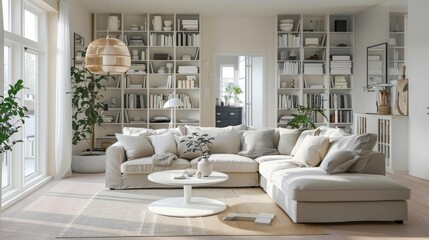 Bright and spacious living room with modern white furnishing and large bookshelves