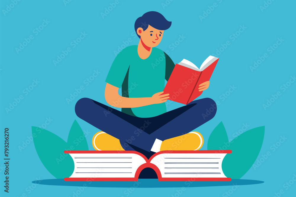 Poster a man sits on a stack of books, engrossed in reading a book, man is reading while sitting on a book 