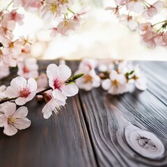 Fototapeta na wymiar a world of natural beauty an empty dark wooden table graced by the delicate presence of Japanese cherry blossom flowers, 