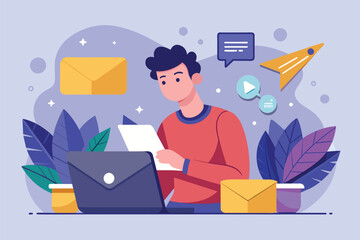 Fototapeta premium A man sitting in front of a laptop computer, focused on his work, man is receiving contact from via email, Simple and minimalist flat Vector Illustration