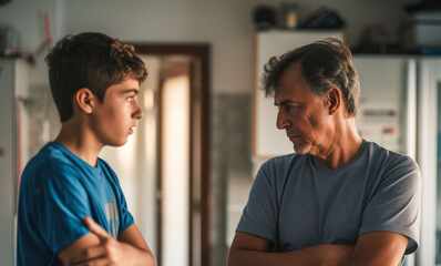 Father and teenage son are arguing at home. Son tells his arguments to father, and father stands with his arms crossed and looks angrily at teenager. Family conflict, quarrel, parenthood difficulties - obrazy, fototapety, plakaty
