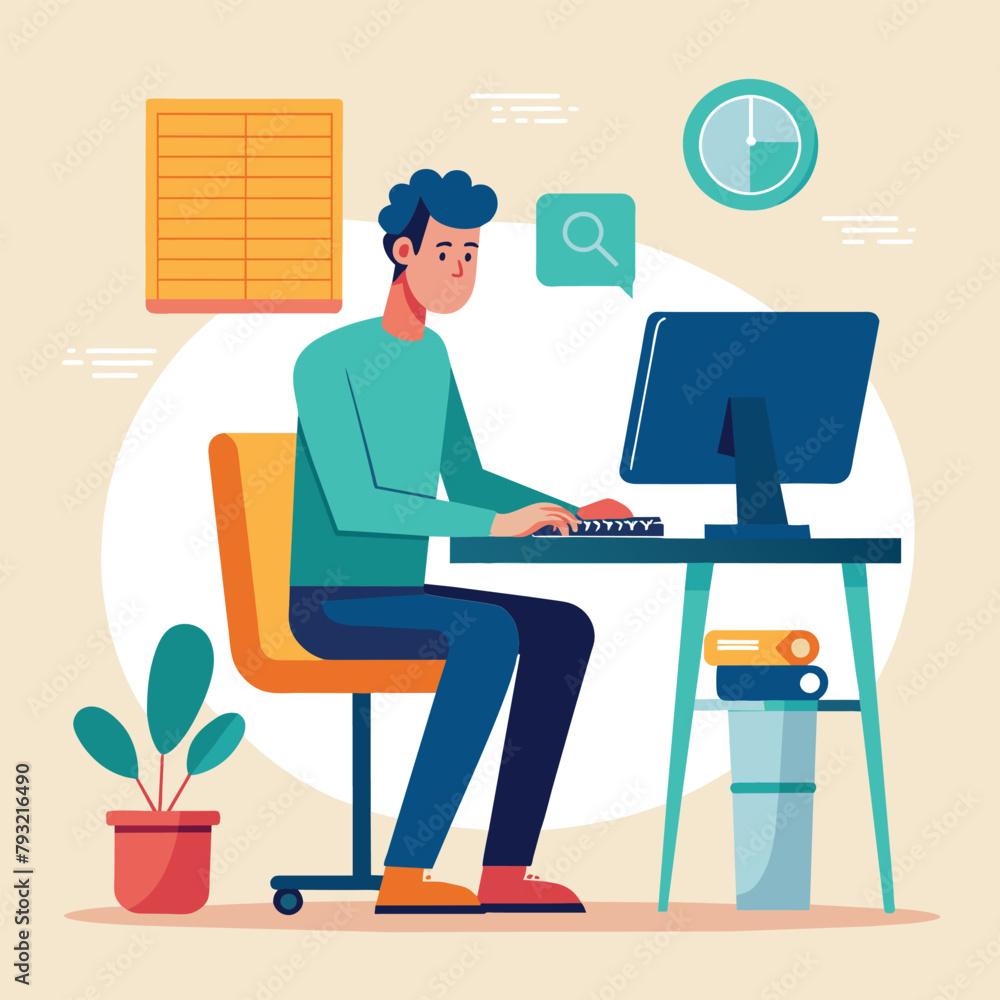 Poster a man sitting at a desk updating his computer, man is updating computer, simple and minimalist flat 