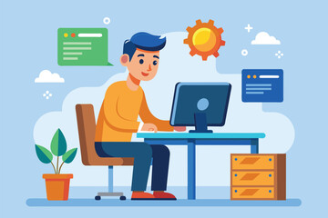 Fototapeta premium A man sitting at a desk, focused on working with a laptop, man is updating computer, Simple and minimalist flat Vector Illustration
