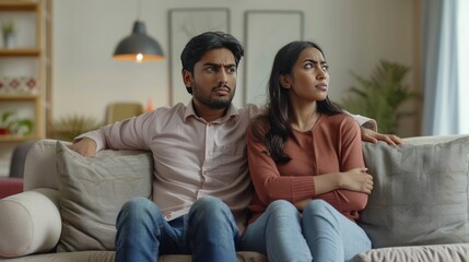 Obraz premium Young Indian Couple Sitting Back To Back On Couch At Home, Upset Eastern Man And Woman Offended After Domestic Quarrel, Suffering Family Conflicts And Problems In Relationship, Free Space