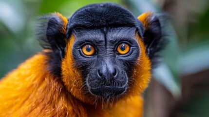 Naklejka premium A close up of a monkey with big eyes and black fur, AI