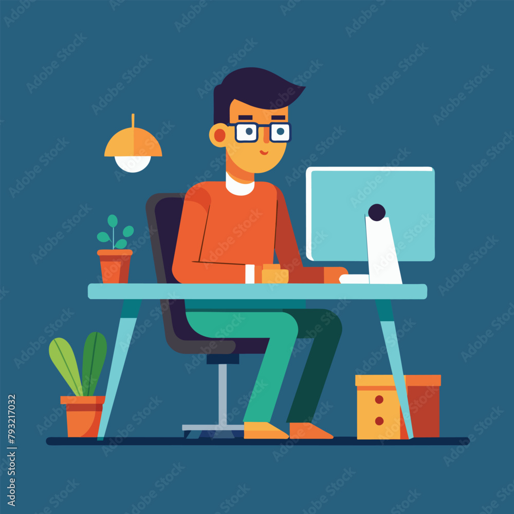 Poster a man focused on his work, sitting at a desk and using a computer, man is working at the computer, s