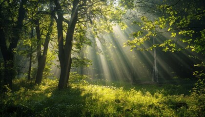 Sunlight filtering through dense green foliage in a vibrant forest setting on a clear, sunny day