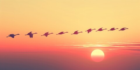 A Flock of Birds Silhouetted Against the Dusky Orange Sky, Embarking on Their Twilight Migration, Generative AI