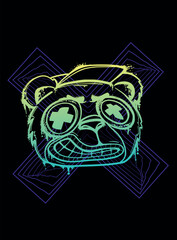 Teenager evil bear grunge print. Urban style poster with bear wear fashionable cap. Eye x. Paint steaks street art style