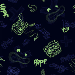 Teenager bear and rabbit an street art style on digital linear background with lettering text Hope, vibe, crazy, danger. Neon print animal, graffiti text. Urban style pattern