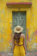 A woman in a yellow dress standing outside of an old building, AI