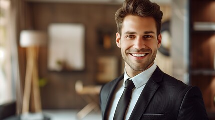 A confident and handsome businessman in elegant formal wear is captured in a moment of genuine connection, his warm smile directed straight at the camera.