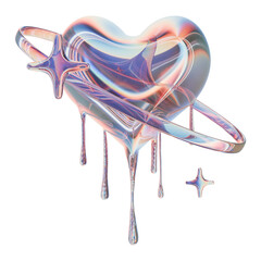 Obraz na płótnie Canvas 3D glass heart icon, y2k pink holographic crystal glossy love shape, pink romantic transparent star. Futuristic fluid galaxy sign, holiday valentine kawaii sign, melt droplet effect. Space 3D heart