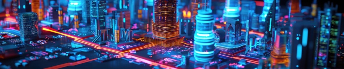 A conceptual visualization of a smart city with glowing structures on a digital circuit board, symbolizing urban technology integration concept. AIG41