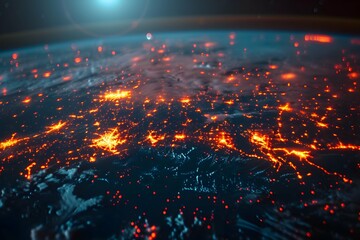 Fototapeta premium neon map digital technology, abstract dot point connect with gradient line and aesthetic Intricate wave line design , big data connection technology concept generative