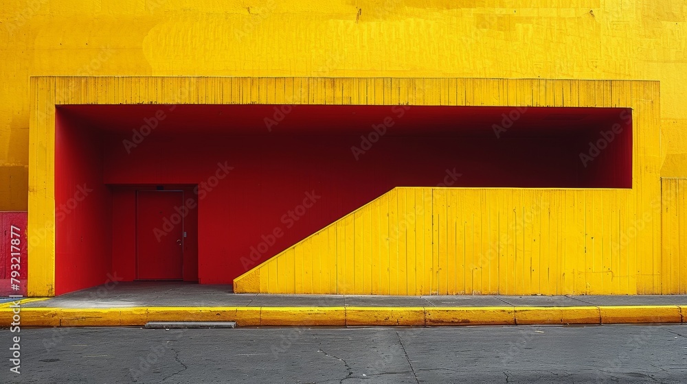 Wall mural A yellow building with a red door and steps leading up to it, AI