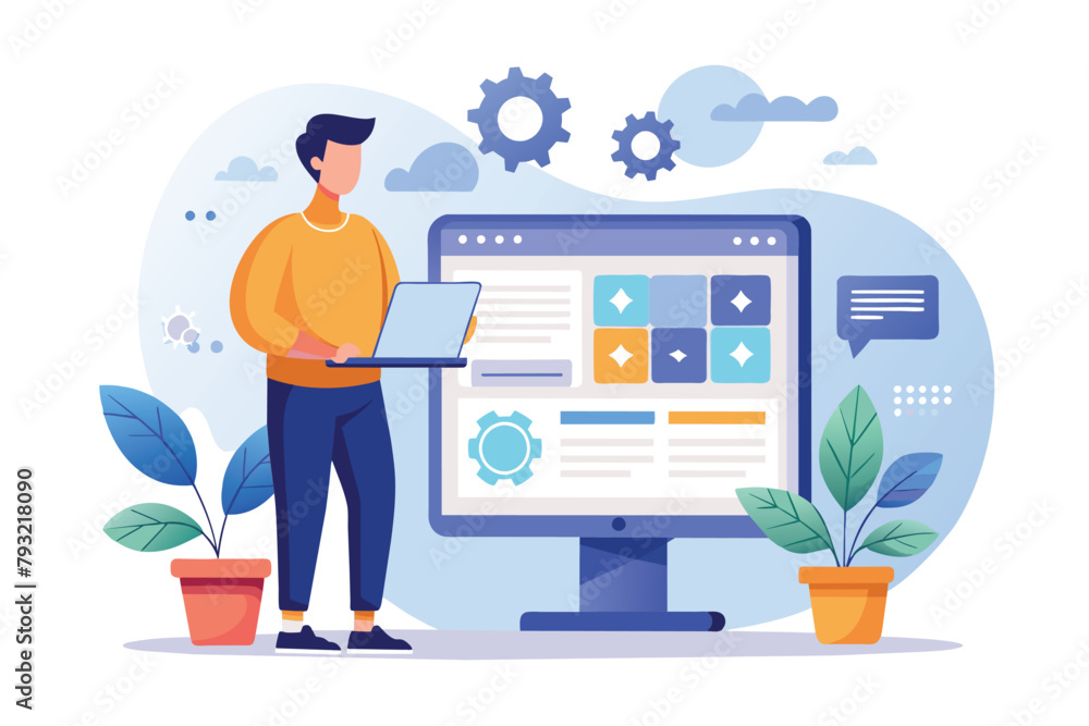 Poster a man is holding a laptop in front of a monitor, checking the operating system on a website, woman l