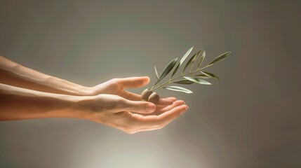 A hyper-realistic image of a pair of hands, one offering an olive branch to another, set against a stark, plain background with ample space for text on the left side.