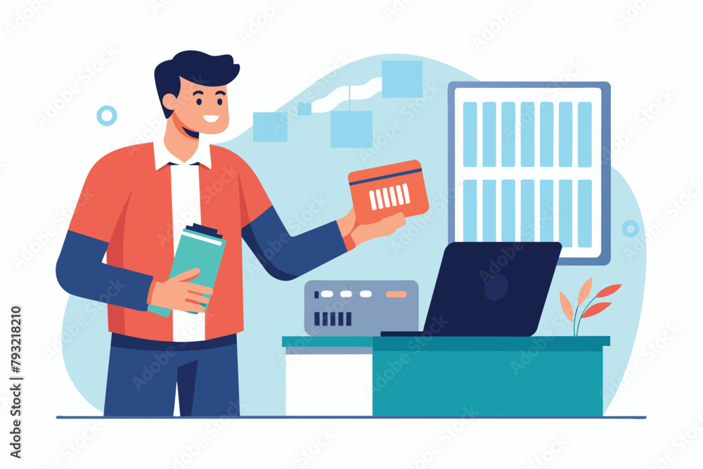 Poster a man is making a payment by scanning a barcode on a folder in front of a laptop screen, man making 