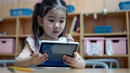 A little student girl is engaged in an interactive learning session using a digital tablet, sitting at a modern desk in a well-organized classroom.