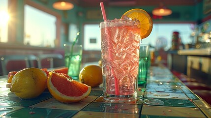   A tight shot of a glass holding a drink on a table, adorned with lemons and grapefruits in the front