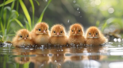 A group of five little chicks are sitting in the water, AI