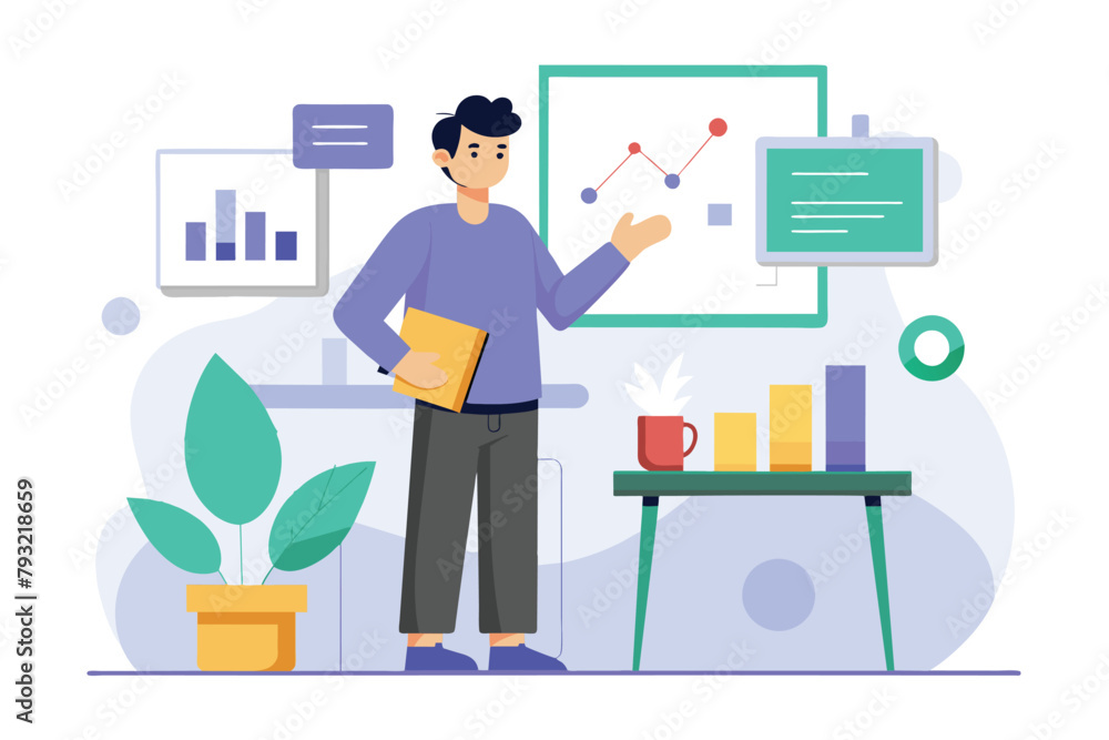 Aufkleber a man stands in front of a whiteboard with various graphs and charts, presenting to an unseen audien