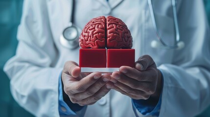 Psychology therapy concept as a doctor holding a red block to repair a compartmentalized human brain as a mental health icon for psychiatry or neurology treatment by a surgeon or research scientist - obrazy, fototapety, plakaty