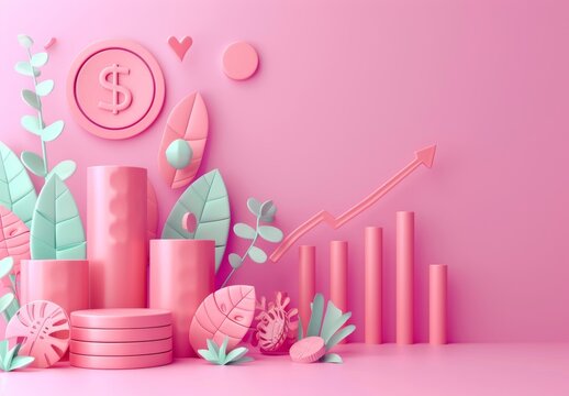 Creative 3D illustration depicts financial concepts like market movement, bank deposit, profit, money management, investing, trend trading on pink background
