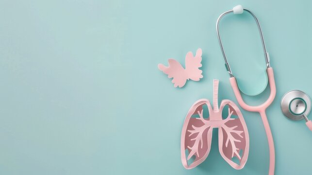 Lungs paper decorative model with medical stethoscope on light blue background. World tuberculosis TB day, pneumonia, respiratory diseases concept. Top view, flat lay, copy space