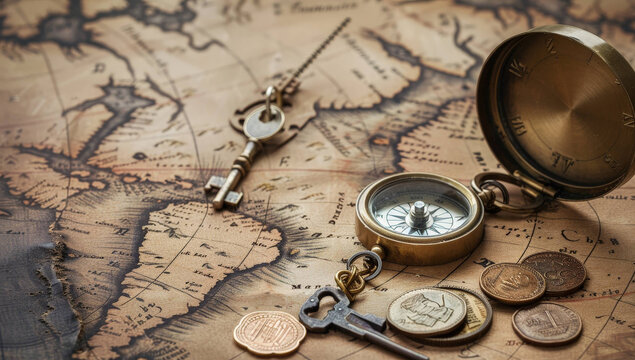 An antique map with an old compass coins and keys lying on it