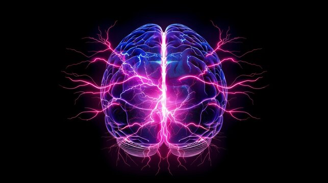 Graphic representation of brain power or neurology, featuring a frontal view of the brain with a lightning effect.
