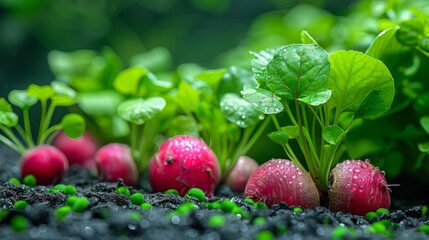   Red radishes with verdant leaves and water droplets, centrally situated in a garden - obrazy, fototapety, plakaty