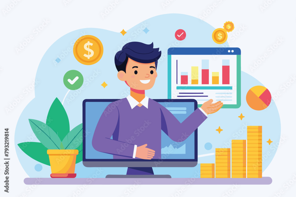 Poster a man standing in front of a computer screen, showcasing stock profits and data, man shows stock pro