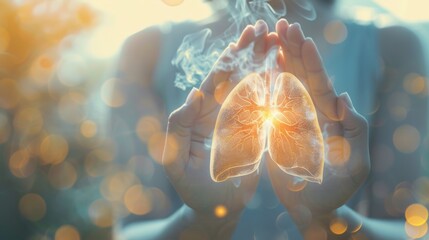 Human hands holding lung organ symbol. Awareness of pneumonia, asthma, COPD, pulmonary hypertension, world no tobacco day and eco air pollution. Respiratory and chest concept