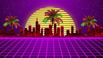 Retro Wave Neon City Background. Glowing High Tech Retro City Building Loop Animation, 80s Retro, Neon Palm Trees, Mountains, Water And Sun Retro Animation Background, Futuristic Retro Land Vintage An