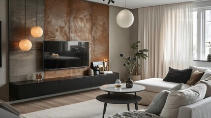 Elegant minimalist living room featuring neutral tones, modern furniture, and stylish decor