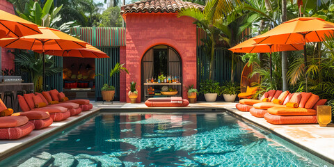 Chic poolside setting with stylish decor and vibrant tropical ambiance