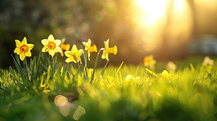 Yellow daffodils are vibrant in the morning sunlight against a lush grass backdrop creating a stunning display in a flower bed with a beautifully blurred background