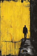 A man walking down a path with yellow and black paint on it, AI