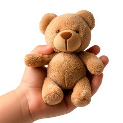 A plush bear in the hands of a child isolated on a white or transparent background. Close-up of an orange bear in the hands. Graphic element of a plush bear, side view