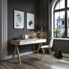 Modern home office with elegant design featuring art prints and wooden desk