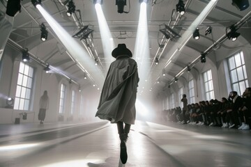 female model walking in a fashion show catwalk wearing elegant dress with lot of lights