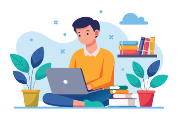 Fototapeta na wymiar A man seated on the ground, utilizing a laptop for online education or work, man studying with laptop, Online education, Simple and minimalist flat Vector Illustration