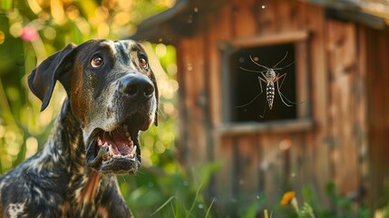 very sharp photo with intricate details of a Great Dane trying to catch an Aedes aegypti mosquito flying in front of it with its wings buzzing