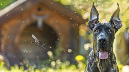 very sharp photo with intricate details of a Great Dane trying to catch an Aedes aegypti mosquito flying in front of it with its wings buzzing - obrazy, fototapety, plakaty