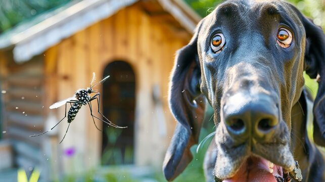 very sharp photo with intricate details of a Great Dane trying to catch an Aedes aegypti mosquito flying in front of it with its wings buzzing
