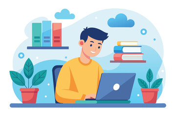 A man sitting in front of a laptop computer, engaged in online education or work, man studying with laptop, Online education, Simple and minimalist flat Vector Illustration